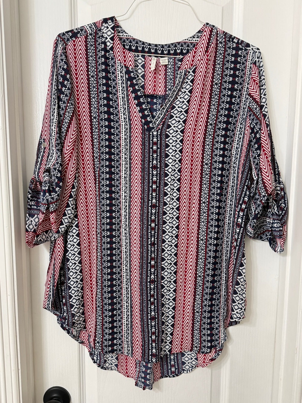 Cato Est. 1946 geometric boho tunic blouse red blue roll tab 3/4 sleeve 14/16w